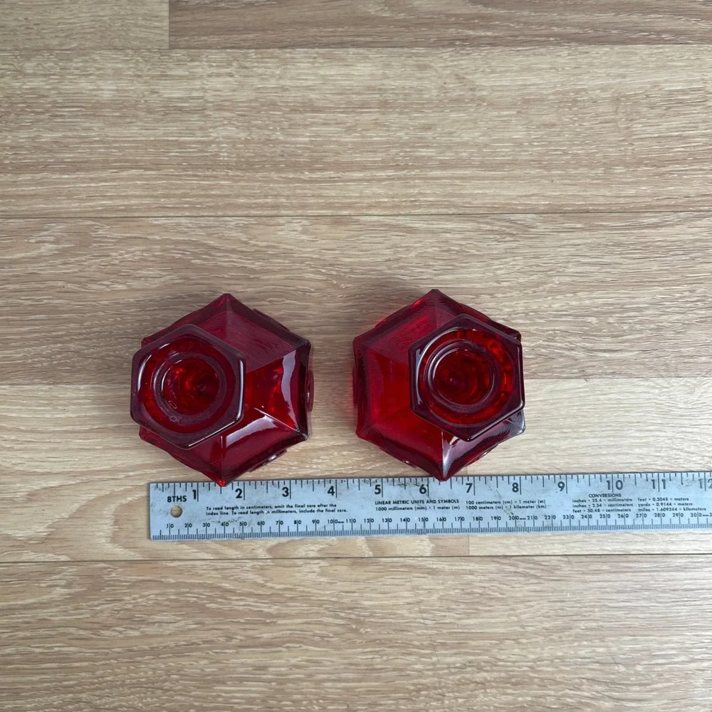 Vintage Ruby Red Glass Coin Candlestick Holders Hexagon Liberty Bell Set of 2